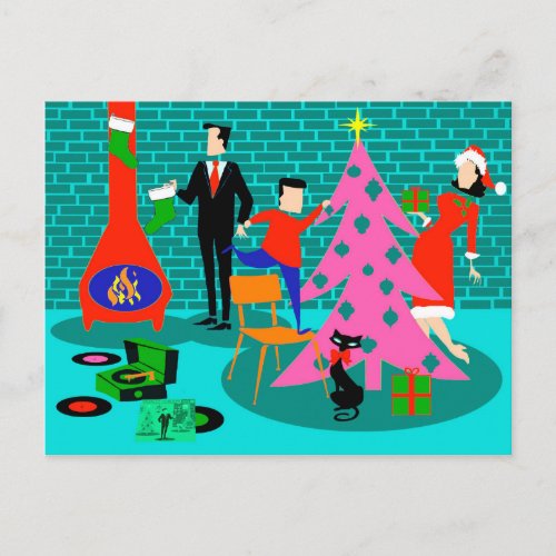 Retro Family Trimming the Christmas Tree Postcard