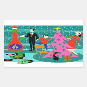 Retro Family Trimming the Christmas Tree Stickers