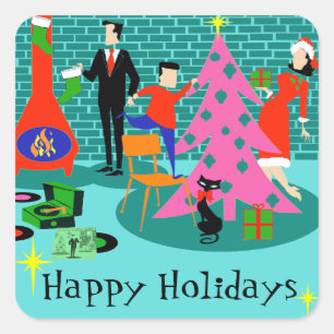 Retro Family Trimming the Christmas Tree Stickers