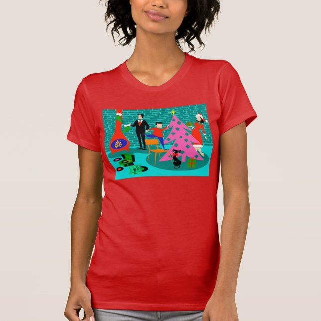 Retro Family Trimming the Christmas Tree T-Shirt (Front)