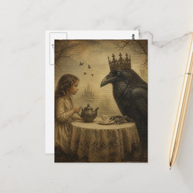 Retro Fantasy Child a Royal Raven Tea Party  Postcard (Front/Back In Situ)