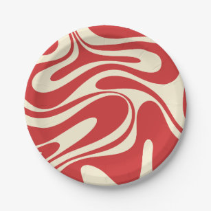 Retro Fantasy Swirl Abstract Pattern Red & Cream Paper Plates