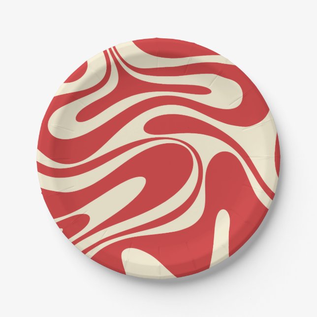 Retro Fantasy Swirl Abstract Pattern Red & Cream Paper Plates (Front)