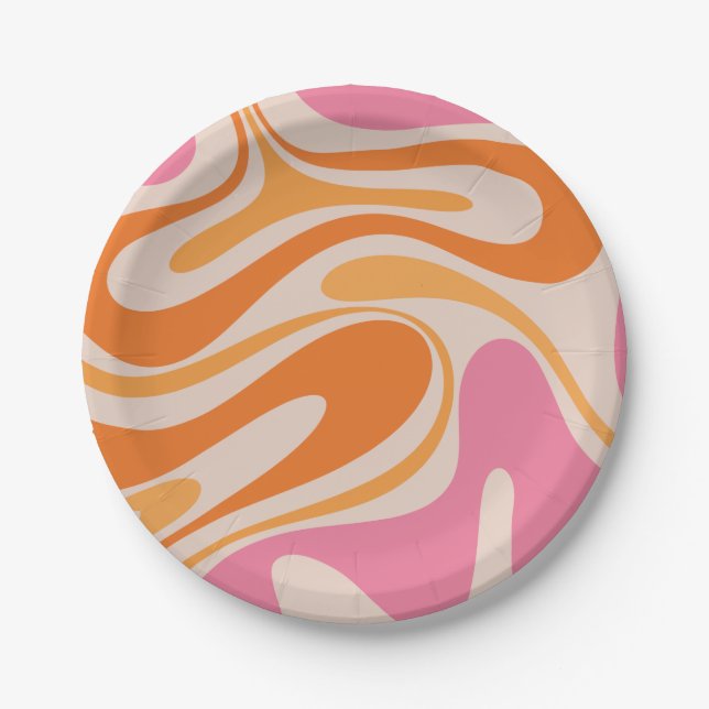 Retro Fantasy Swirl Abstract Pink Orange Cream Paper Plates (Front)