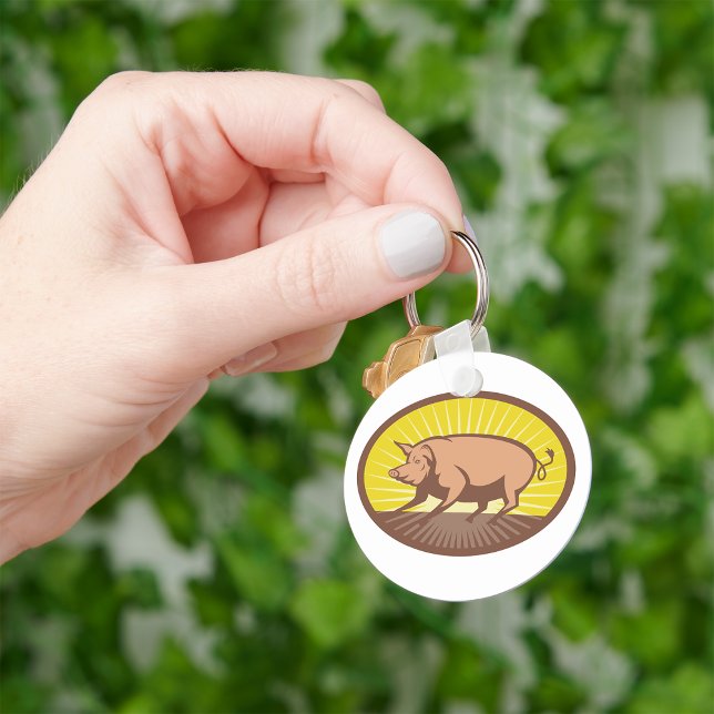 Retro Farm Pig with Sunburst  Keychain (Creator Uploaded)