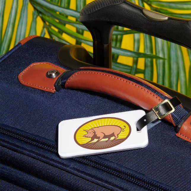 Retro Farm Pig with Sunburst  Luggage Tag (Creator Uploaded)