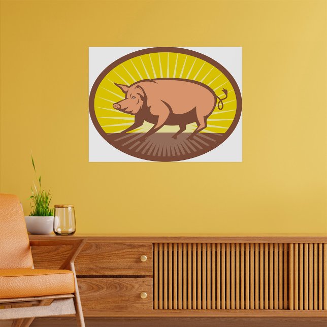 Retro Farm Pig with Sunburst  Poster (Creator Uploaded)