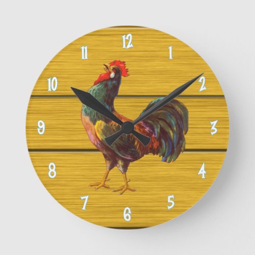 Retro Farm Rooster on Wood Vintage Art Kitchen Round Clock