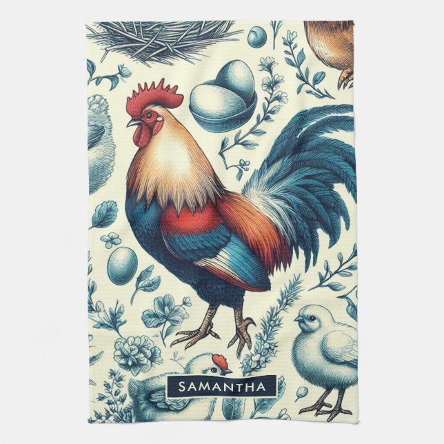 Retro Farm Rooster Pattern Kitchen Towel (Vertical)