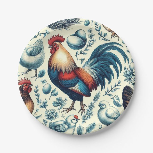 Retro Farm Rooster Pattern Paper Plates (Front)
