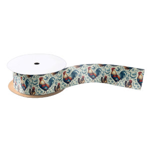 Retro Farm Rooster Pattern Satin Ribbon
