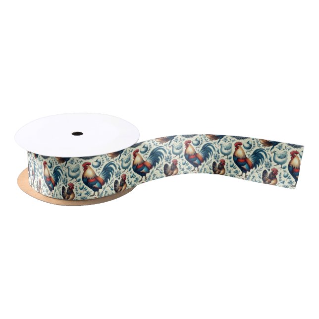 Retro Farm Rooster Pattern Satin Ribbon (Spool)