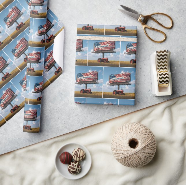 Retro Farm Tractor Under a Patriotic Billboard Wrapping Paper (Crafts)