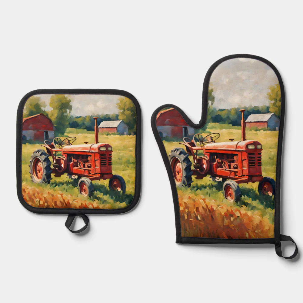 Retro Farm Vehicle Rustic Vintage Red Tractor Oven Mitt & Pot Holder Set