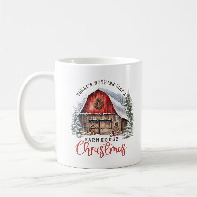 Retro farmhouse Christmas red barn cozy scene Coffee Mug (Left)