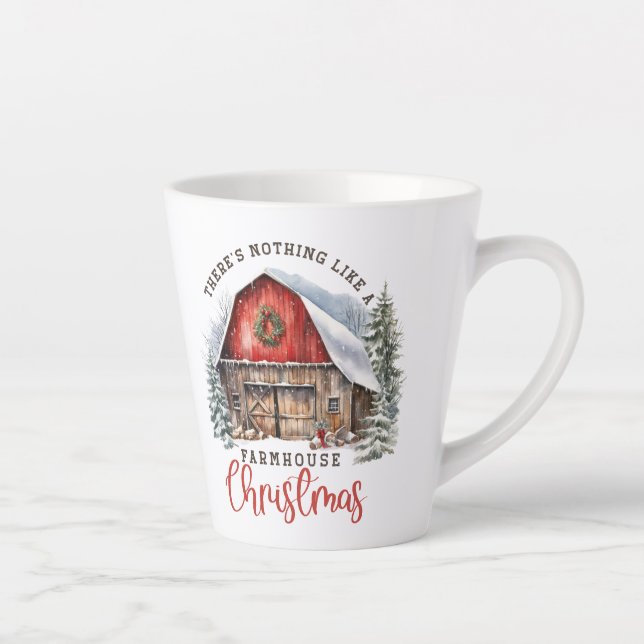 Retro farmhouse Christmas red barn cozy scene Latte Mug (Right)