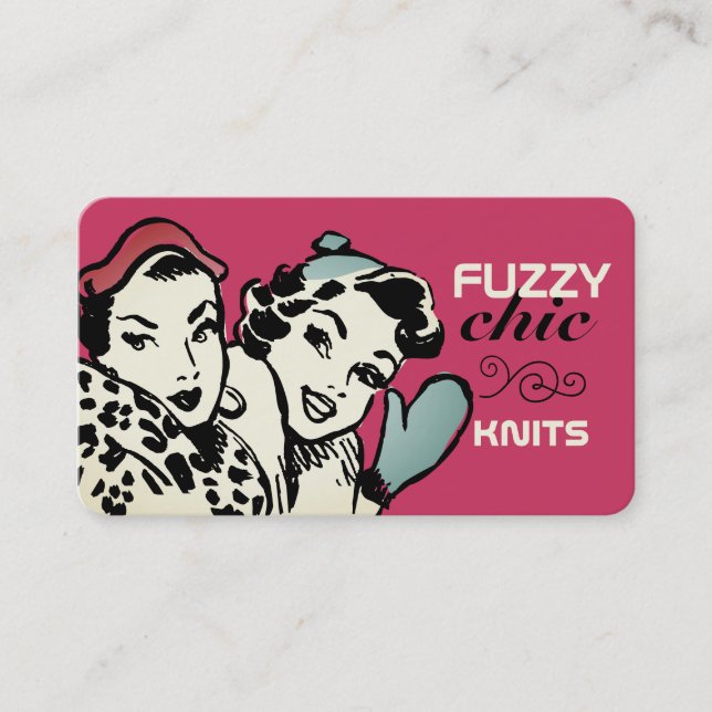 Retro fashion models hat mittens knitting crochet business card (Front)