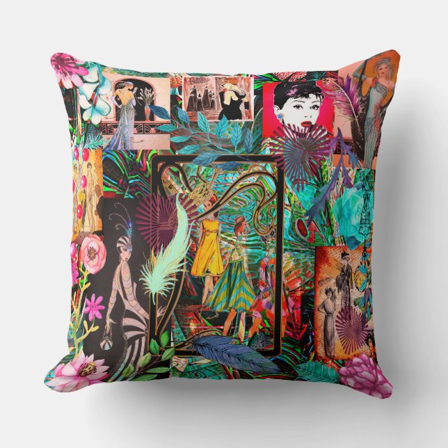Retro Fashion Show Collage Throw Pillow (Front)
