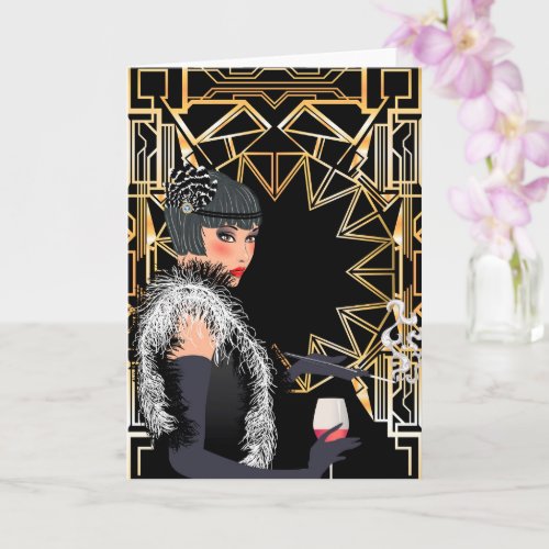 Retro fashion woman with glass of wine  card