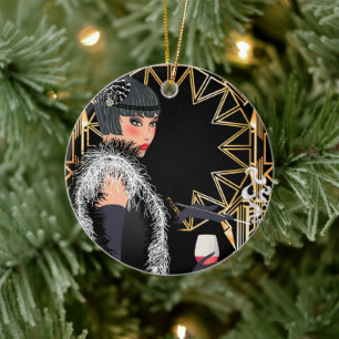 Retro fashion woman with glass of wine  ceramic ornament