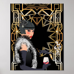 Retro fashion woman with glass of wine poster