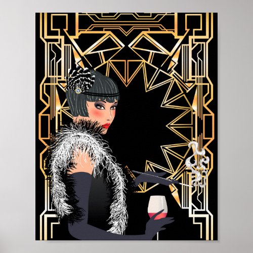 Retro fashion woman with glass of wine  poster