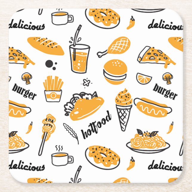 Retro Fast Food Hand Drawn Sketch Pattern Square Paper Coaster (Front)