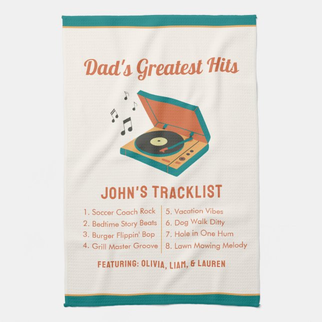 Retro Father's Day "Dad's Greatest Hits" Custom  Kitchen Towel (Vertical)