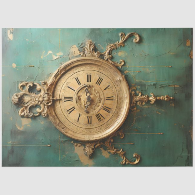 Retro faux gold clocks turquoise background tissue paper (Front)