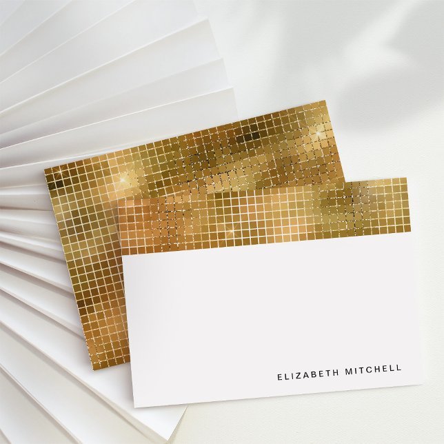 Retro Faux Gold Disco Ball Mirror | Monogram Note Card (Glam, disco-inspired note cards)