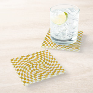 Retro Faux Gold Foil Checks Warped Checkerboard   Glass Coaster