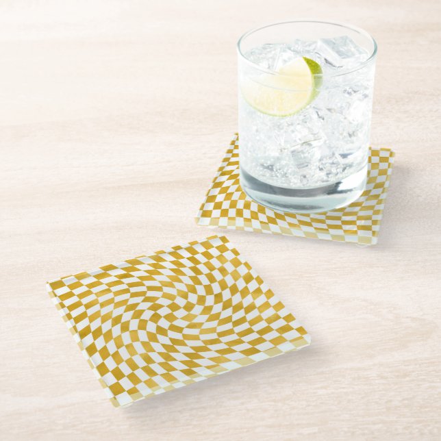 Retro Faux Gold Foil Checks Warped Checkerboard   Glass Coaster (Angled)