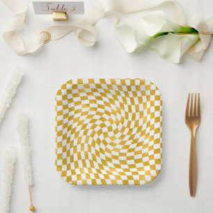 Retro Faux Gold Foil Checks Warped Checkerboard Paper Plates