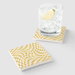 Retro Faux Gold Foil Checks Warped Checkerboard Stone Coaster