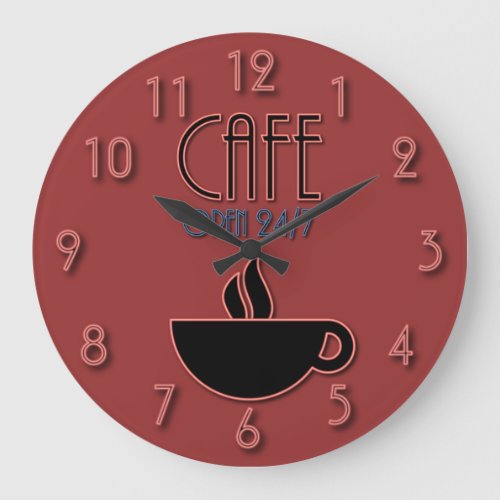 Retro Faux Neon Cafe Open 247 Red and Blue Large Clock