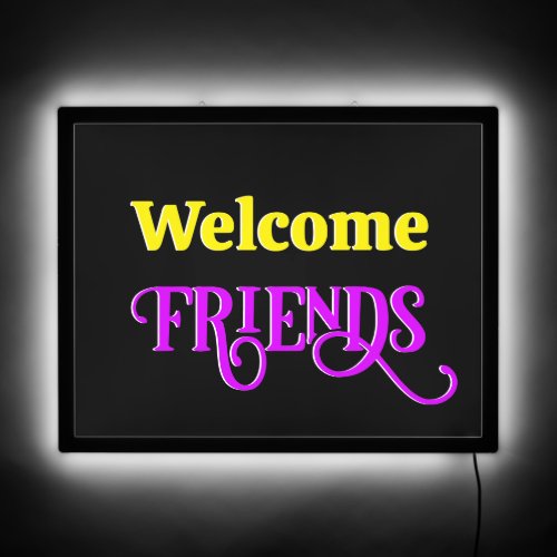 Retro FAUX Neon Welcome Friends Yellow and Purple LED Sign