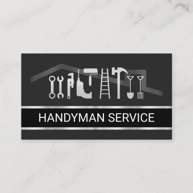 Retro Faux Silver Handyman Tools Layer Business Card (Front)