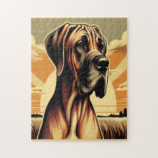 Retro Fawn Great Dane Yellow Brown Black Artwork Jigsaw Puzzle
