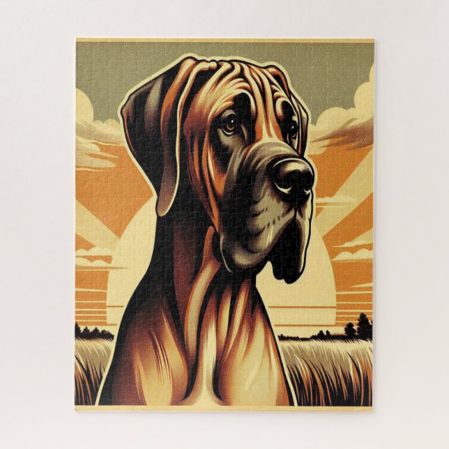 Retro Fawn Great Dane Yellow Brown Black Artwork Jigsaw Puzzle (Vertical)