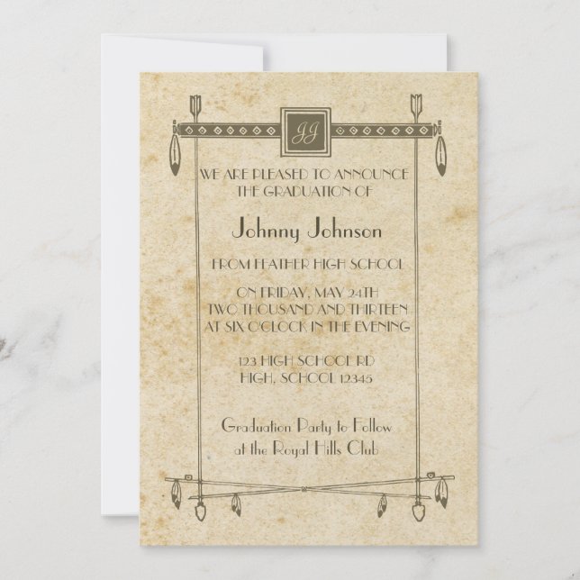 Retro Feather Banner Theme Graduation Announcement (Front)