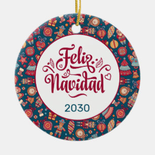 Retro Feliz Navidad Personalized Ceramic Ornament