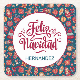 Retro Feliz Navidad Personalized Square Paper Coaster