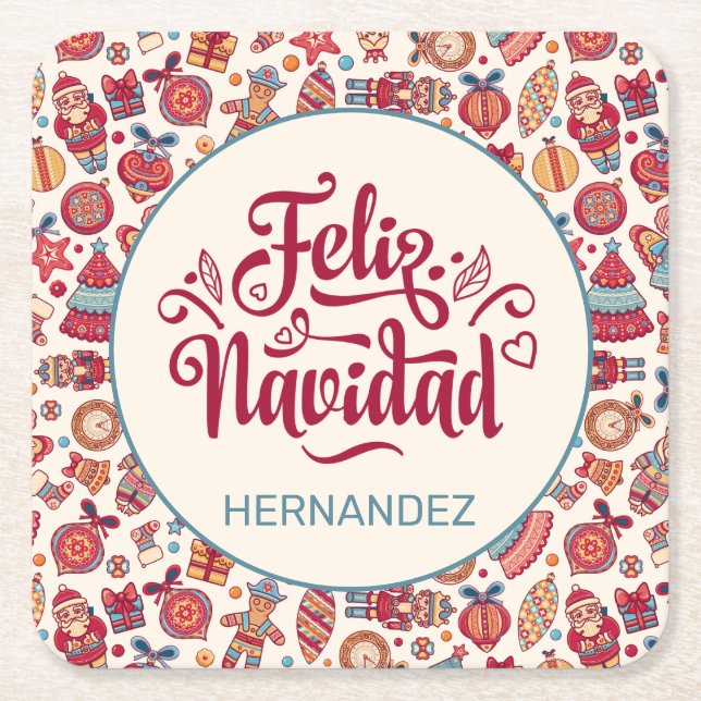 Retro Feliz Navidad Personalized Square Paper Coaster (Front)