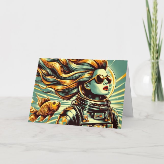 Retro female astronaut and fish All Occasion Card (Front)