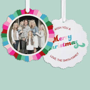 Retro Festive Bright Stripes Christmas Photo Ornament Card