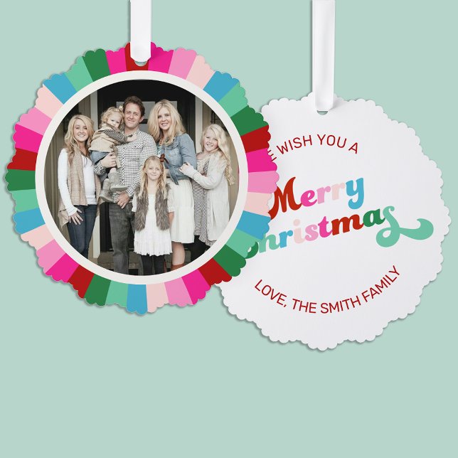 Retro Festive Bright Stripes Christmas Photo  Ornament Card (Creator Uploaded)