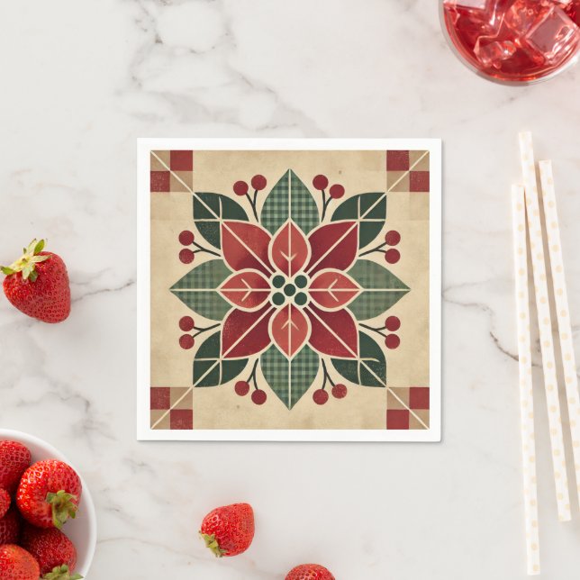 Retro Festive Floral Folk Art Poinsettia Decoupage Napkins (Insitu)