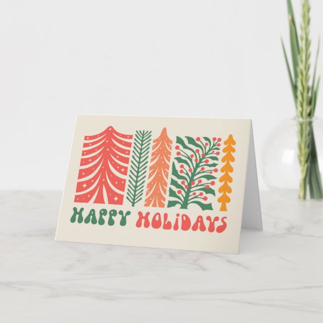 Retro Festive Forest Holiday Card (Front)
