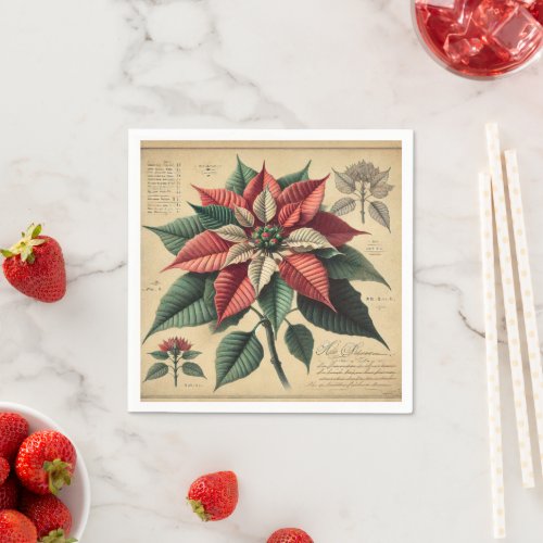 Retro Festive Poinsettia Botanical Decoupage Napkins
