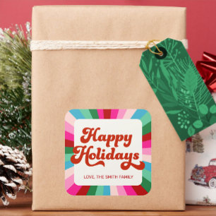 Retro Festive Rainbow Pink Christmas Gift Label